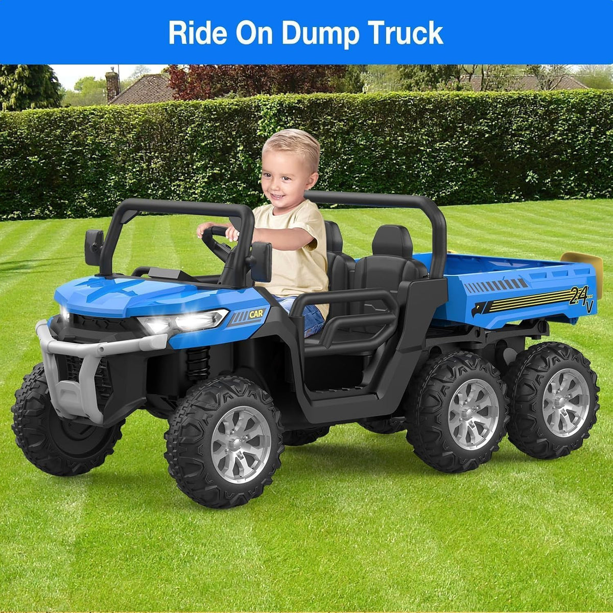 24V 4WD Electric Ride-On Dump Truck for , 2-Seater UTV with Remote Control, Bluetooth Music, Seatbelts, LED Lights, Mobile Phone Connectivity, Double Seat 6 Wheel Truck for Ages 3-8,Green