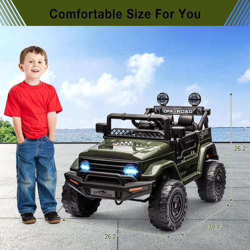 12V Remote Control Ride-On Car, 3 Speeds, Spring Suspension, LED Lights, Bluetooth Music, Parental Brake, for Ages 3-8, 65 lbs Capacity,Armygreen