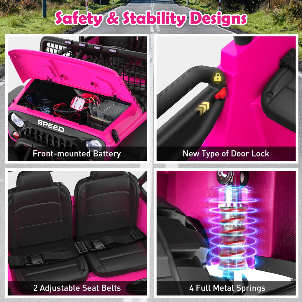 Funcid 24 Volt Ride on Toys with Remote Control, 400W 2-Seater Ride on Cars with Colored LED Lights & Battery Indicator, Electric Car for Kids w/ Bluetooth, Light Control, Volume Knob, Pink
