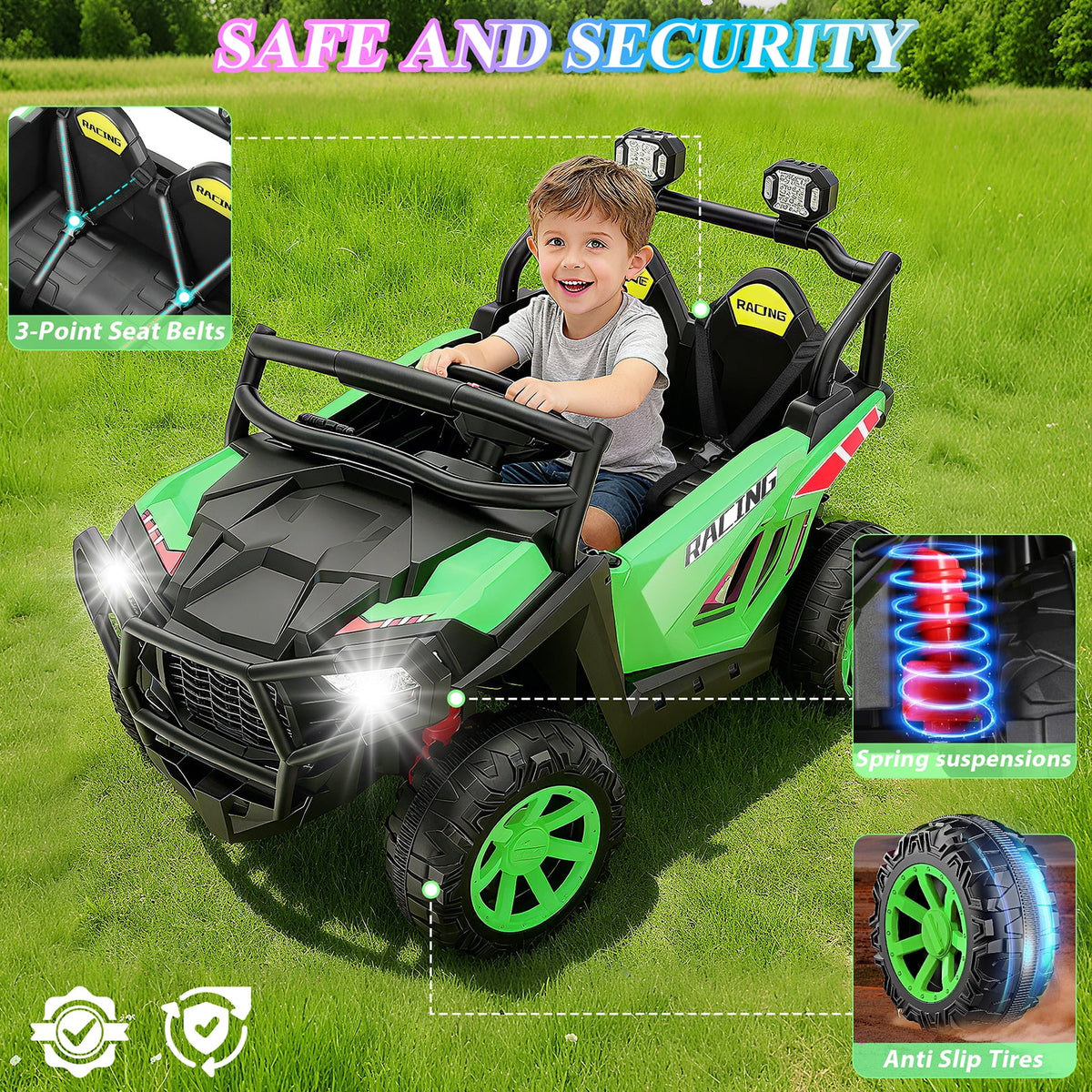Funcid 24 Volt Ride on Toys, 2-Seater Ride on Cars with Remote Control, 400W Electric Car for Kids, Ride on UTV w/ Bluetooth, MP3, Seat Belts, Volume Adjustment, Suspension, Green