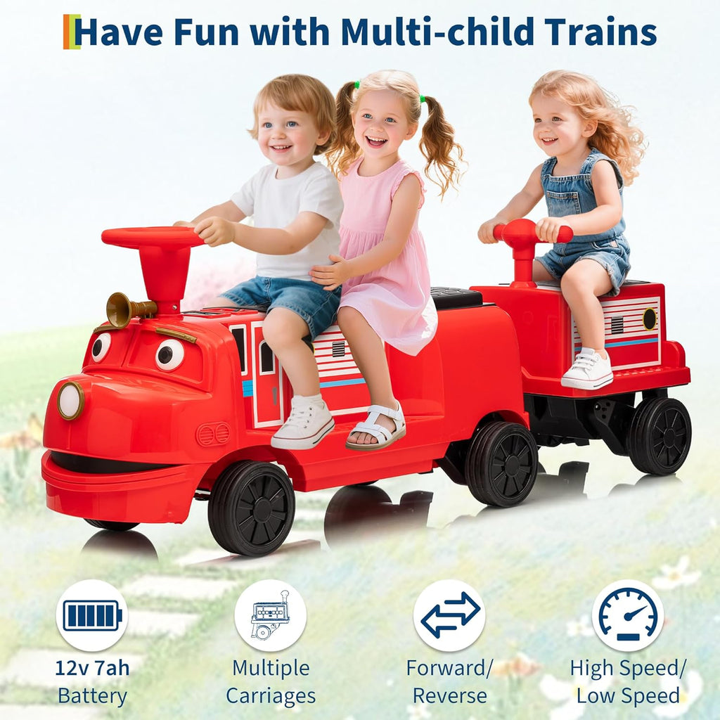 2 Seater Trackless Ride On Train, 12V Electric Ride On Car with Adjustable Seat, Carriage Included, Music, LED Lights, Storage Space, 2 Speed Modes