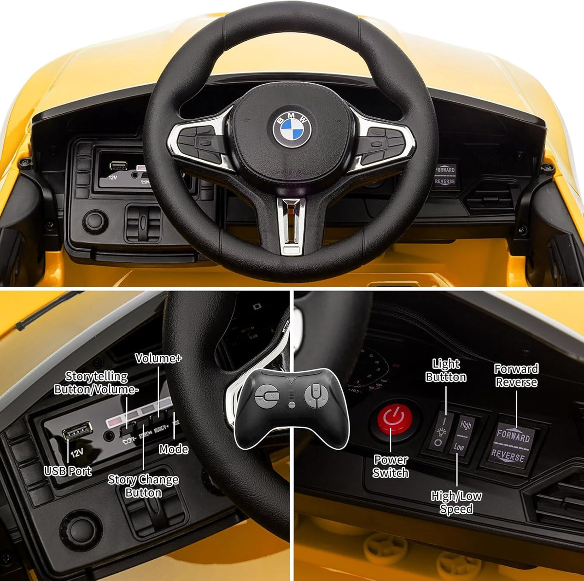 12V Licensed BMW M4 Ride-On Electric Car with Remote Control, 3 Speeds, LED Lights, Music, USB, Adjustable Seat Belt