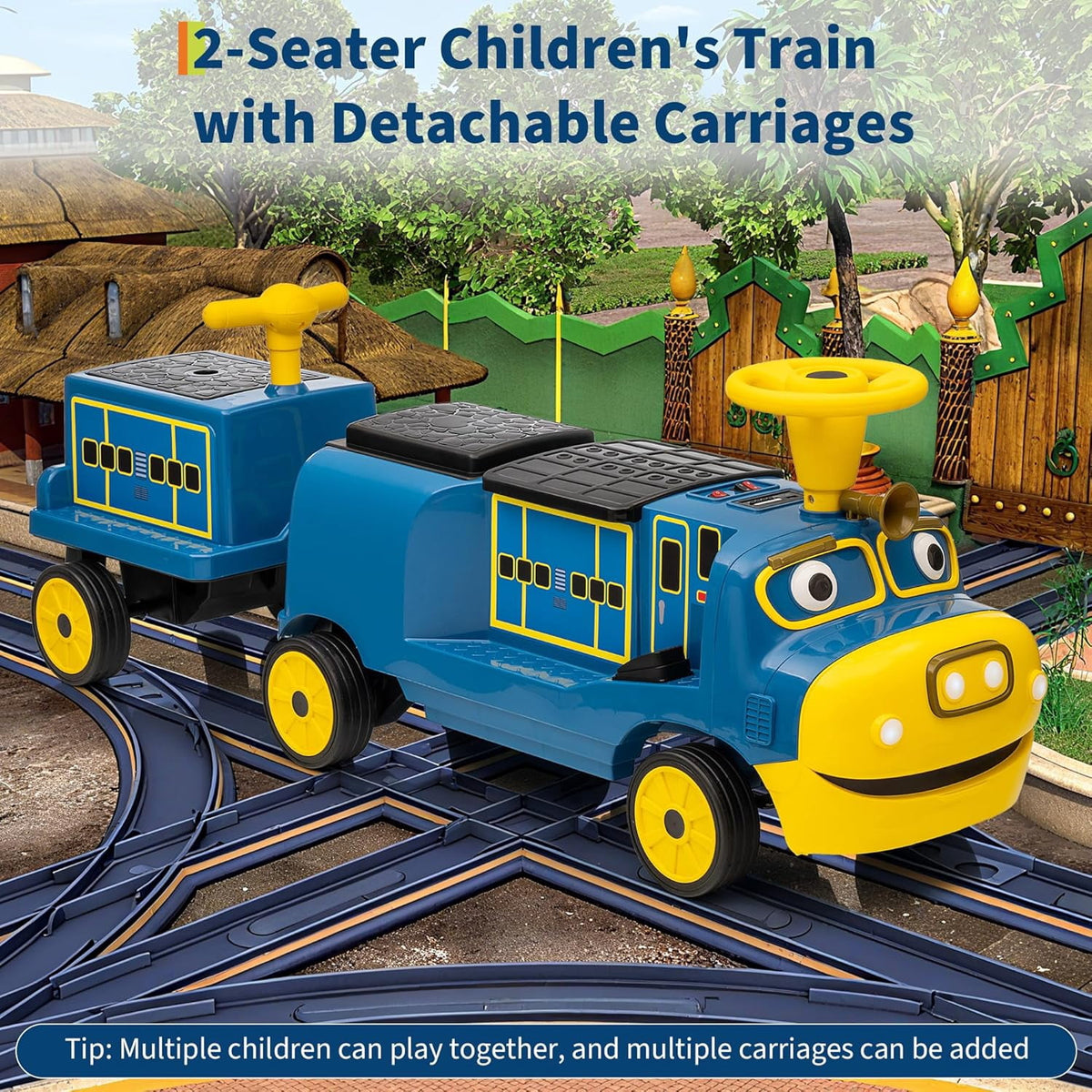 2 Seater Trackless Ride On Train, 12V Electric Ride On Car with Adjustable Seat, Carriage Included, Music, LED Lights, Storage Space, 2 Speed Modes
