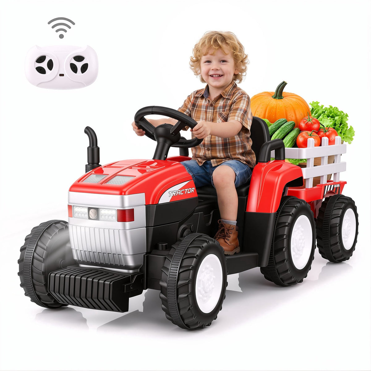 Farmdex 24V Ride on Tractor with Detachable Trailer, Ride on Toys for Kids w/ Remote Control, Electric Cars for Kids, LED Lights, Bluetooth, Music, MP3, Green
