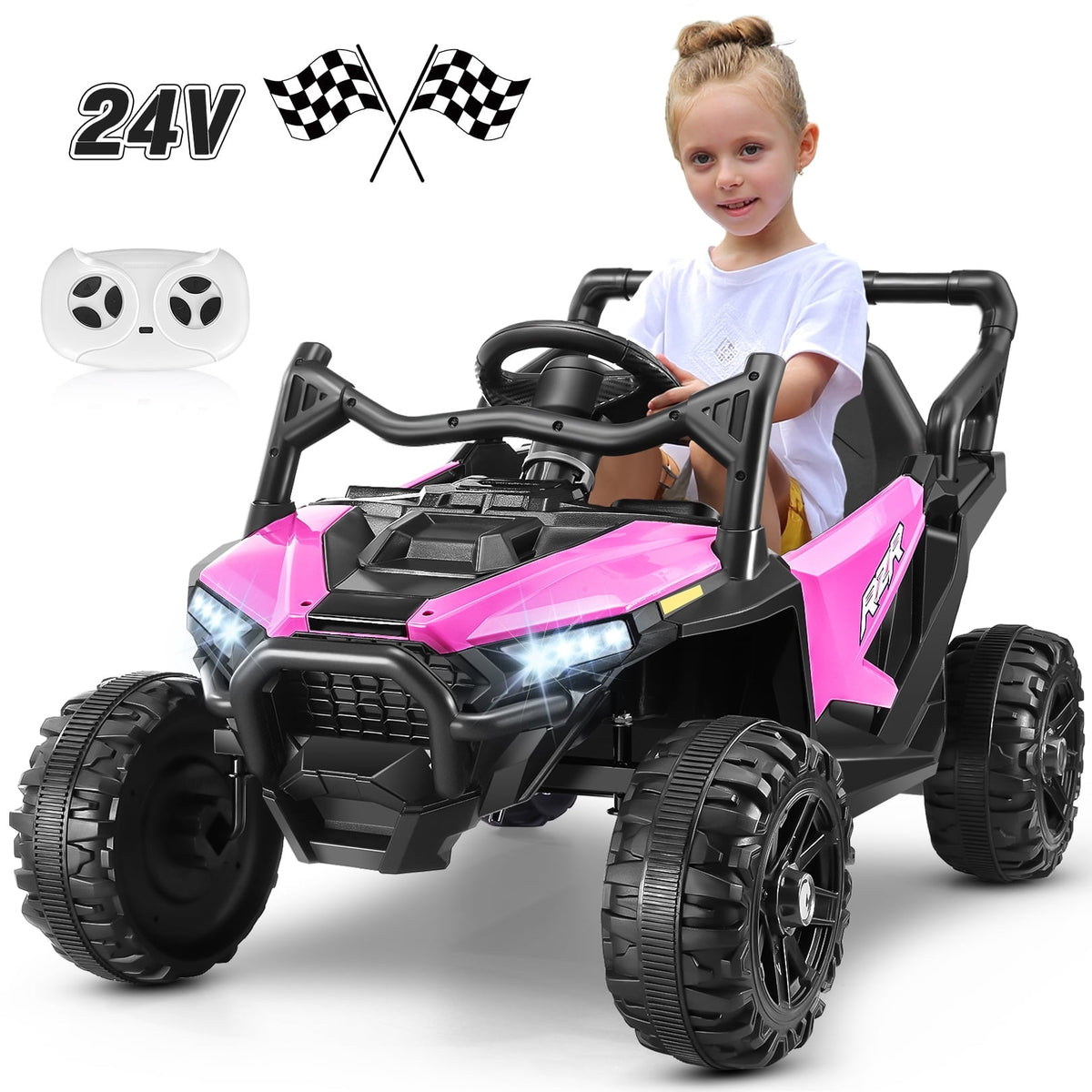 Funcid Ride on Toys, Kids Ride on Cars with Remote Control, 400W Powerful Electric Car for Kids, Ride on UTV w/ Bluetooth, Battery Indicator, Knob Volume Control, Spring Suspension, Pink
