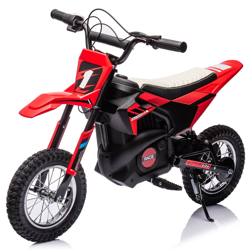 High-Speed 24V 250W Electric Off-Road Motorcycle – 13.6MPH Dirt Bike for Kids & Teens, Leather Seat, Disc Brake, Chain Drive, Air Tires, Twist Throttle, Ages 8-13, Red