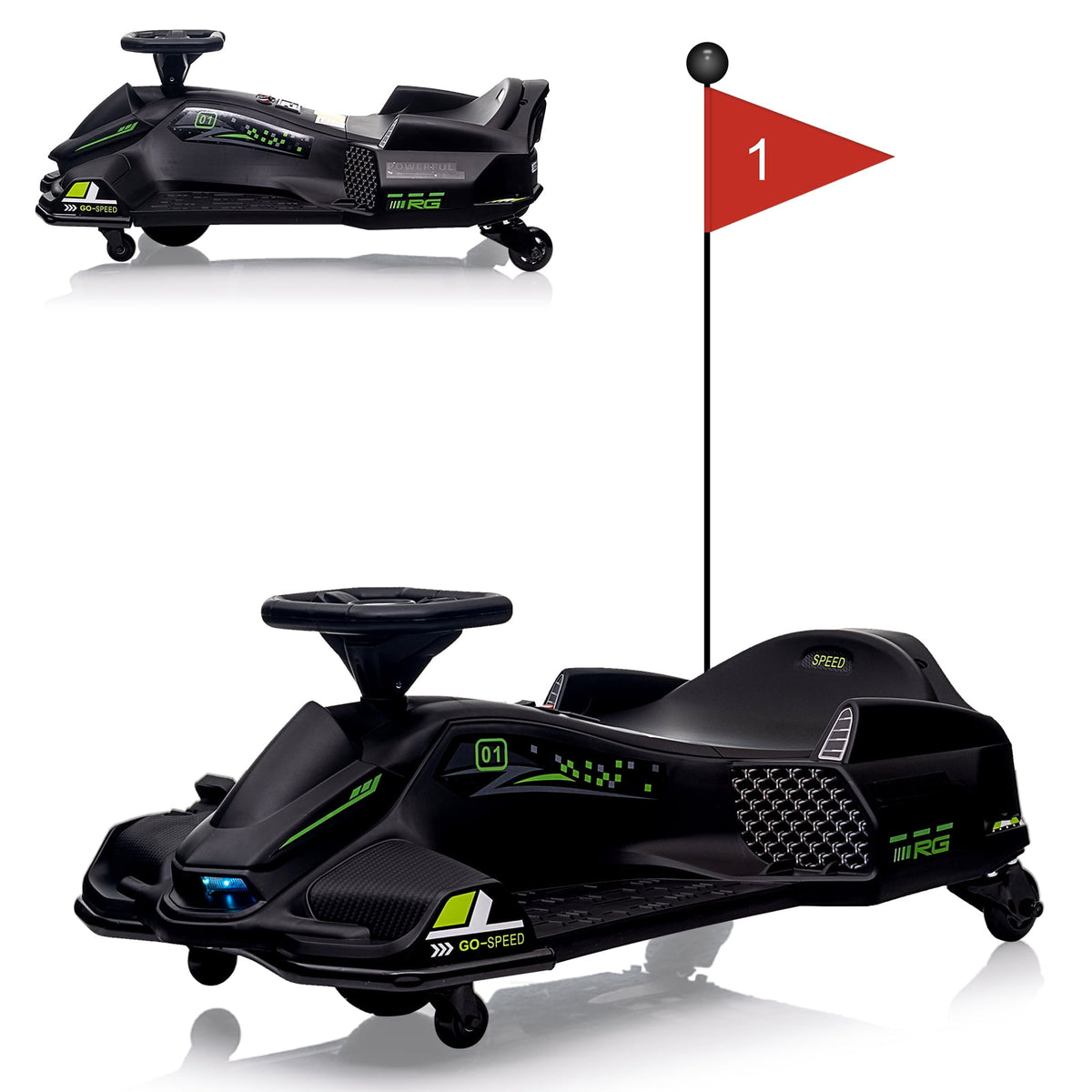 Ride On Drift Kart, Go Kart, Electric Go Kart 24V Drift Kart - 180W Brushless Motor, 7.5 mph Variable Speed, LED Light, Soft Start Battery Powered for Kids 8-12