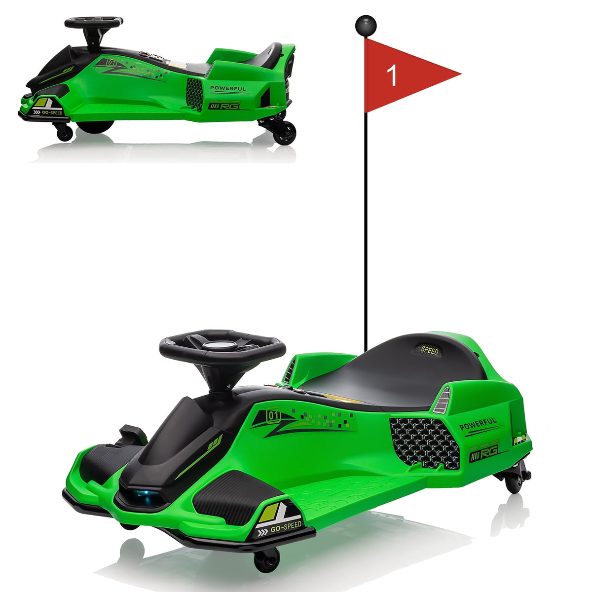 Ride On Drift Kart, Go Kart, Electric Go Kart 24V Drift Kart - 180W Brushless Motor, 7.5 mph Variable Speed, LED Light, Soft Start Battery Powered for Kids 8-12