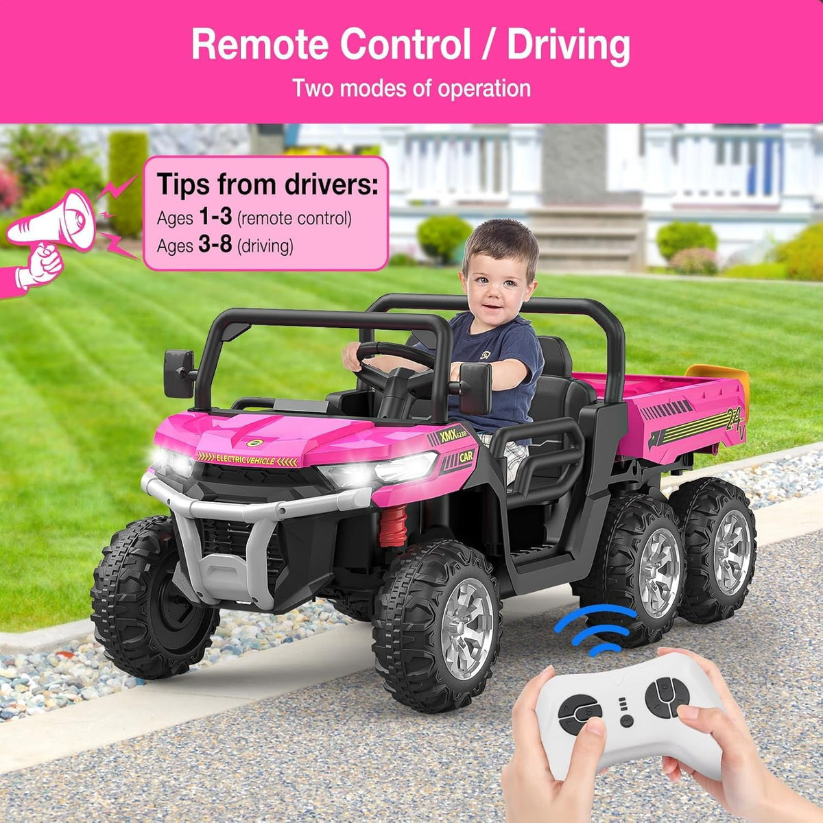 Ride On Dump Truck for Kids Ride On Car with Remote Control Electric UTV Vehicles with Electric Dump Bed, 4WD Power Ride-on 6 Wheels Ride On Toys for Boys Girls