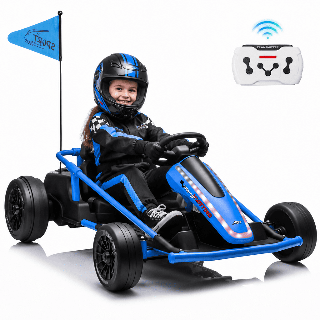 Sunnyfree 24 Volt Ride on Toys for Kids, 14Ah Electric Go Kart with Remote Control, 5–10 MPH, Drift Function, 2×200W Motors, Bluetooth Music, LED Lights, Seat Belt, Blue