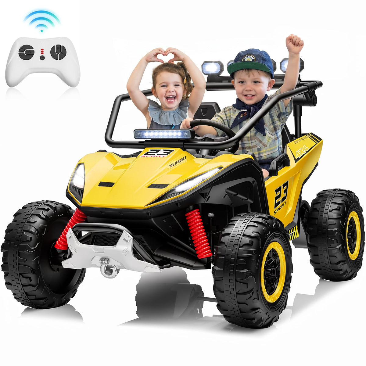 Sunnyfree 24V Ride on Toys 2 Seater UTV for Kids, 4WD 800W Electric Car with Parent Remote Control, LED Lights, Bluetooth Music, Roll Cage, Black