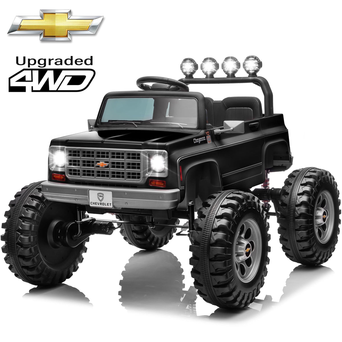 Sunnyfree 4WD Chevrolet Cheyenne 24 Volt Ride on Toys, 2 Seater Power Truck Wheels with Remote, Bluetooth, USB, LED Lights, Blue