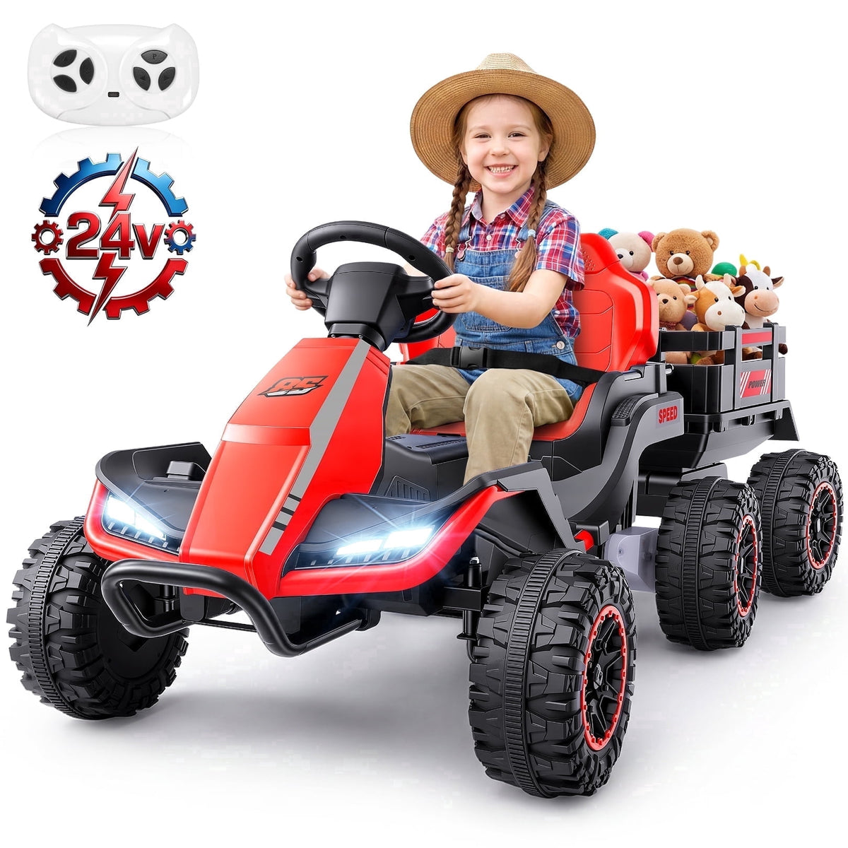 VIBESPARK 24V Ride on Toys with Remote Control, 3 in 1 Ride on Car, Ride on Tractor for Kids with Trailer, 6 Wheel Kids Electric Car w/ Bluetooth, MP3, Music, Green