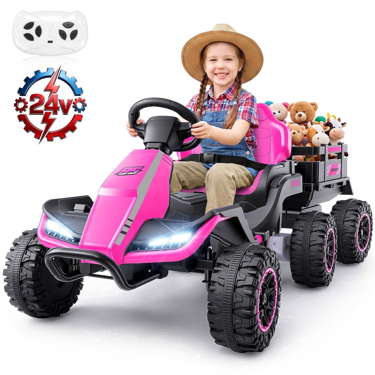 VIBESPARK 24V Ride on Toys with Remote Control, 3 in 1 Ride on Car, Ride on ATV for Kids with Trailer, 6 Wheel Kids Electric Car w/ Bluetooth, MP3, Music, Black