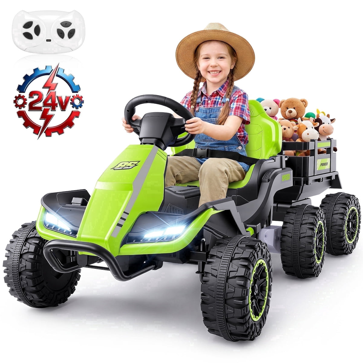 VIBESPARK 24V Ride on Toys with Remote Control, 3 in 1 Ride on Car, Ride on ATV for Kids with Trailer, 6 Wheel Kids Electric Car w/ Bluetooth, MP3, Music, Black