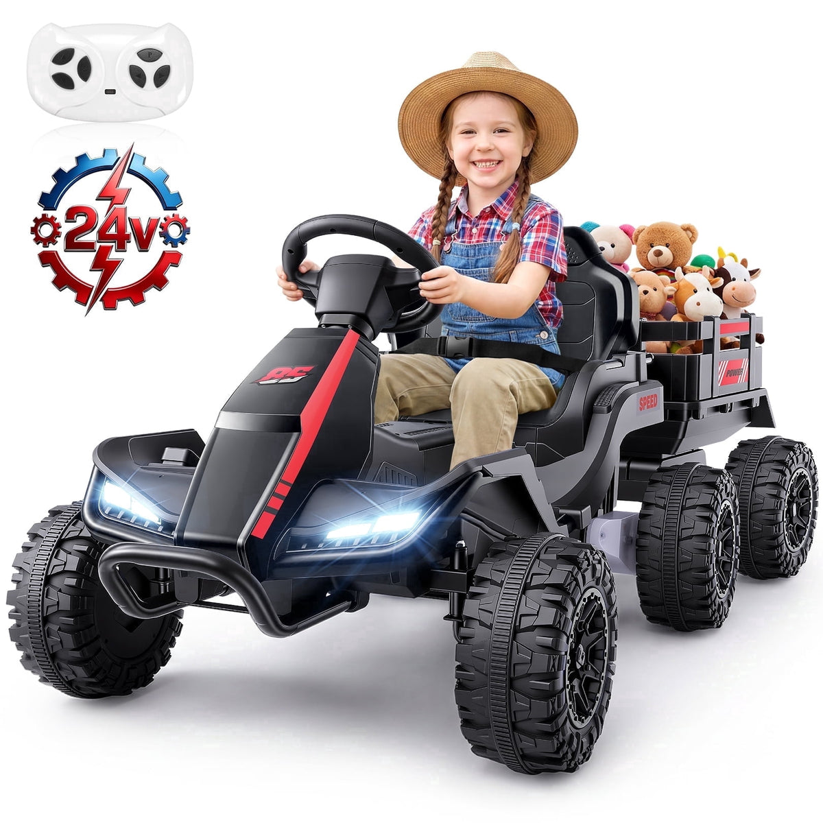 VIBESPARK 24V Ride on Toys with Remote Control, 3 in 1 Ride on Car, Ride on Tractor for Kids with Trailer, 6 Wheel Kids Electric Car w/ Bluetooth, MP3, Music, Green