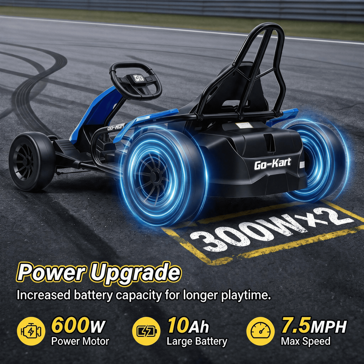 VIBESPARK Drift Go Kart, 24V 10AH Electric Go Kart for Kids Ages 6-14, 360° Drift Mode, Ride On Car with Backrest & Adjustable Seat, 300W Dual Motors, Max Speed 7.5mph/h, Blue