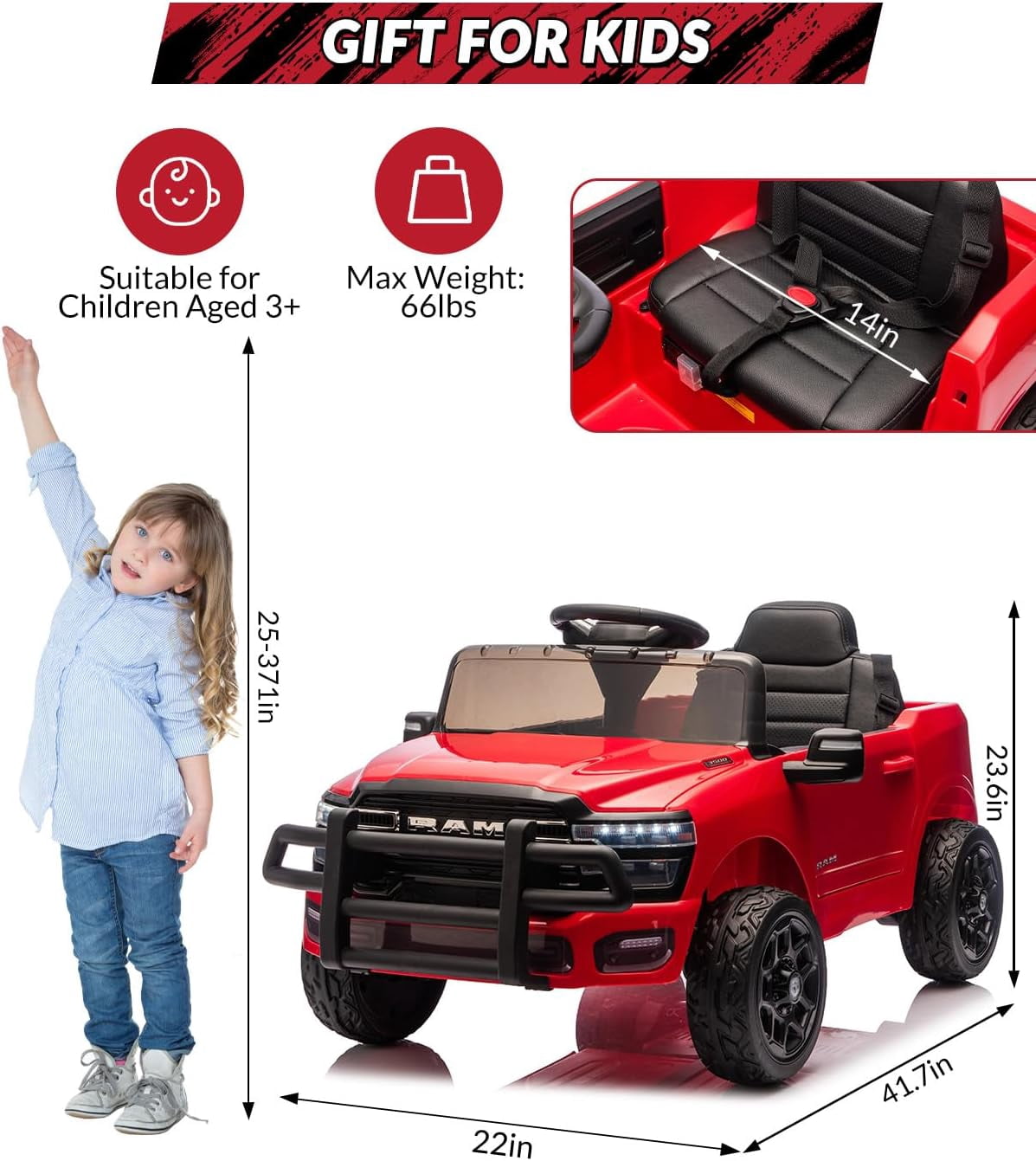 12V Licensed RAM Ride-On Pickup Truck, Electric Ride-On Car with Remote Control, 4-Wheel Suspension, Double Doors, LED Lights, Music, USB & AUX