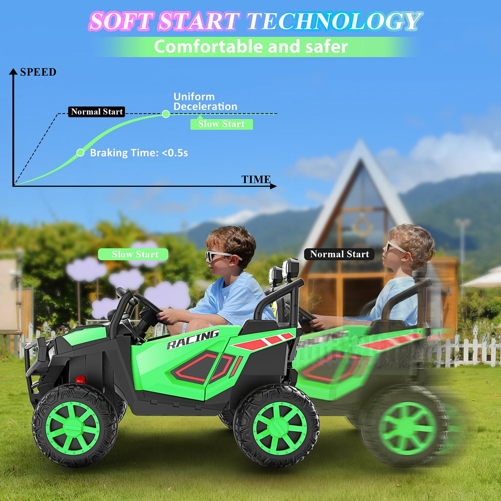 Funcid 24 Volt Ride on Toys, 2-Seater Ride on Cars with Remote Control, 400W Electric Car for Kids, Ride on UTV w/ Bluetooth, MP3, Seat Belts, Volume Adjustment, Suspension, Green