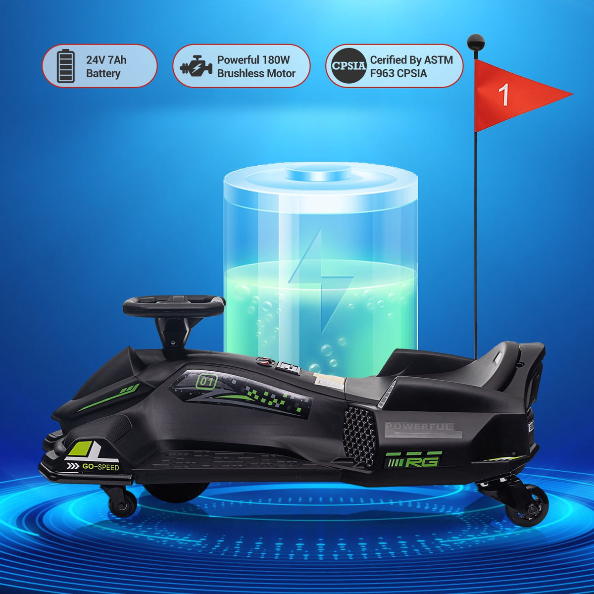 Ride On Drift Kart, Go Kart, Electric Go Kart 24V Drift Kart - 180W Brushless Motor, 7.5 mph Variable Speed, LED Light, Soft Start Battery Powered for Kids 8-12