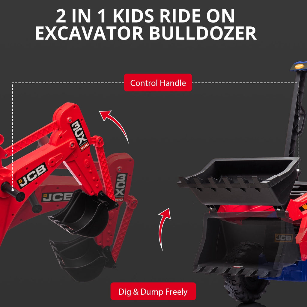 4 in 1 Ride on Excavator & Bulldozer, 12V Kids Electric Vehicle with Remote Control, Front Loader, Digger, Horn, Adjustable Seat, Excavator Ride on Car Toy, White