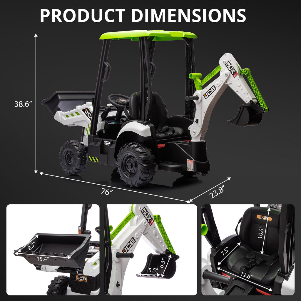 4 in 1 Ride on Excavator & Bulldozer, 12V Kids Electric Vehicle with Remote Control, Front Loader, Digger, Horn, Adjustable Seat, Excavator Ride on Car Toy, White