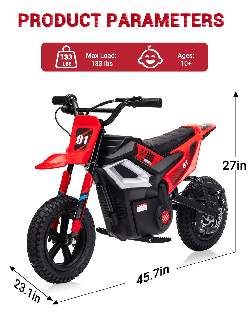 24V 350W Electric Dirt Bike for Kids - 13.7 MPH Max Speed, 12 Mile Range, Rear Suspension, Twist Grip Throttle, Key Start, Hand Brake - Built-in Music & wireless, Ride-On Motorcycle Toy, Red