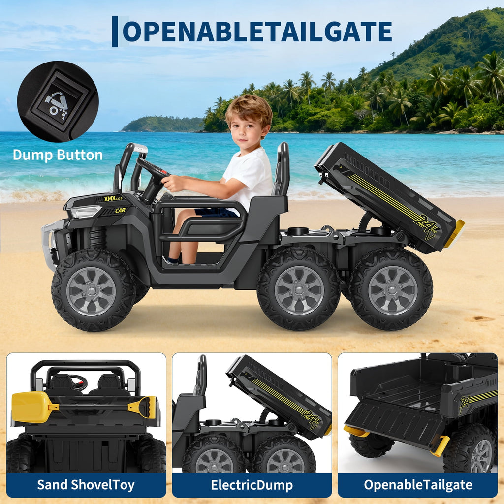 24V 2-Seater 6-Wheel Electric Dump Truck Ride-On for Kids – 4WD UTV Car, Remote Control, Electric Dump Bed, Music, Horn, Industry Standard/CPSIA Certified, Power Ride-On Toy for Boys & Girls