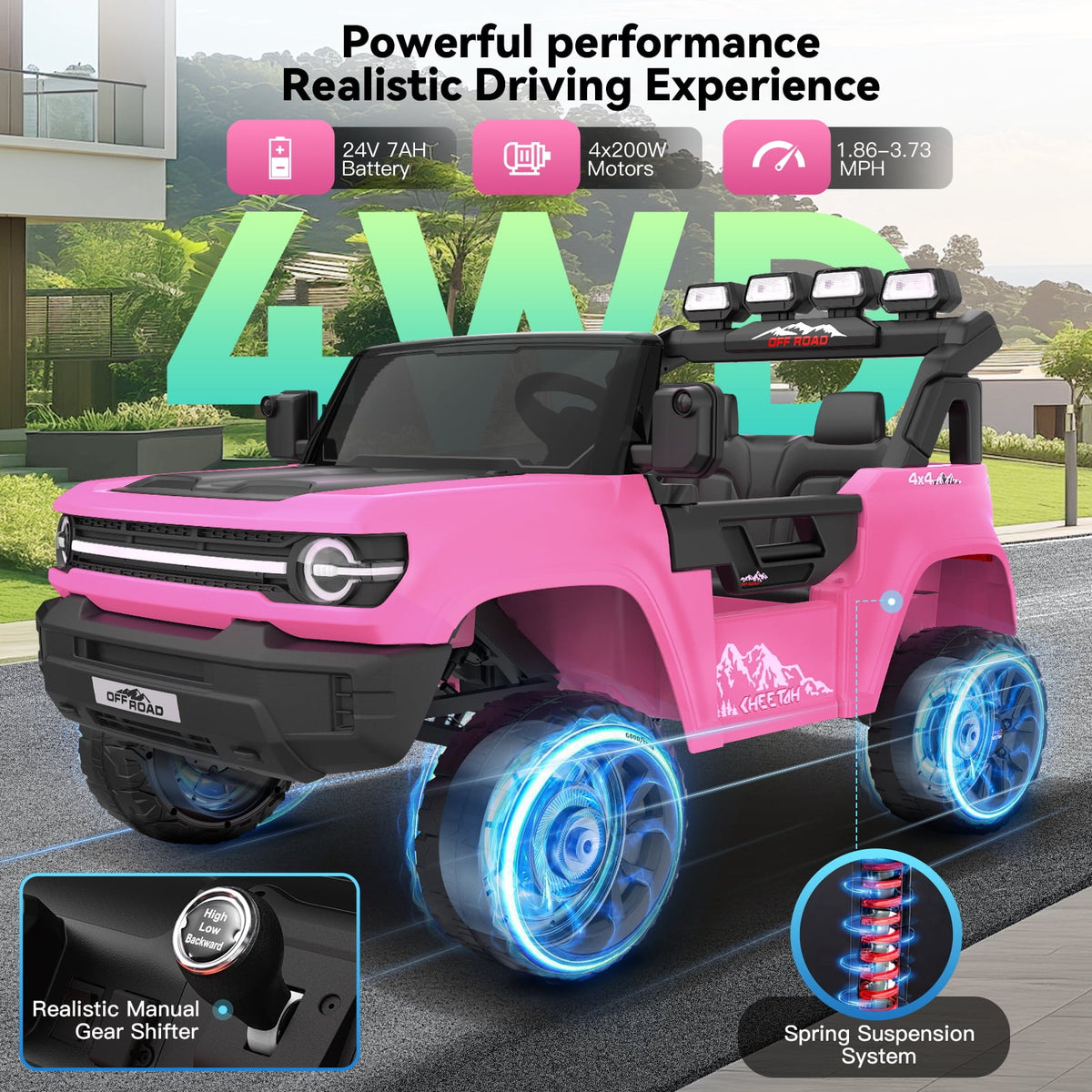 Farmdex 24V Ride on Toys with Remote Control, 2 XL Seater Electric Truck Car for Kids w/ 22'' Large Seat, 4WD/2WD Switchable, Powered Ride on Cars w/ Bluetooth, LED Lights, 3 Speeds, 4 x 200W, Pink