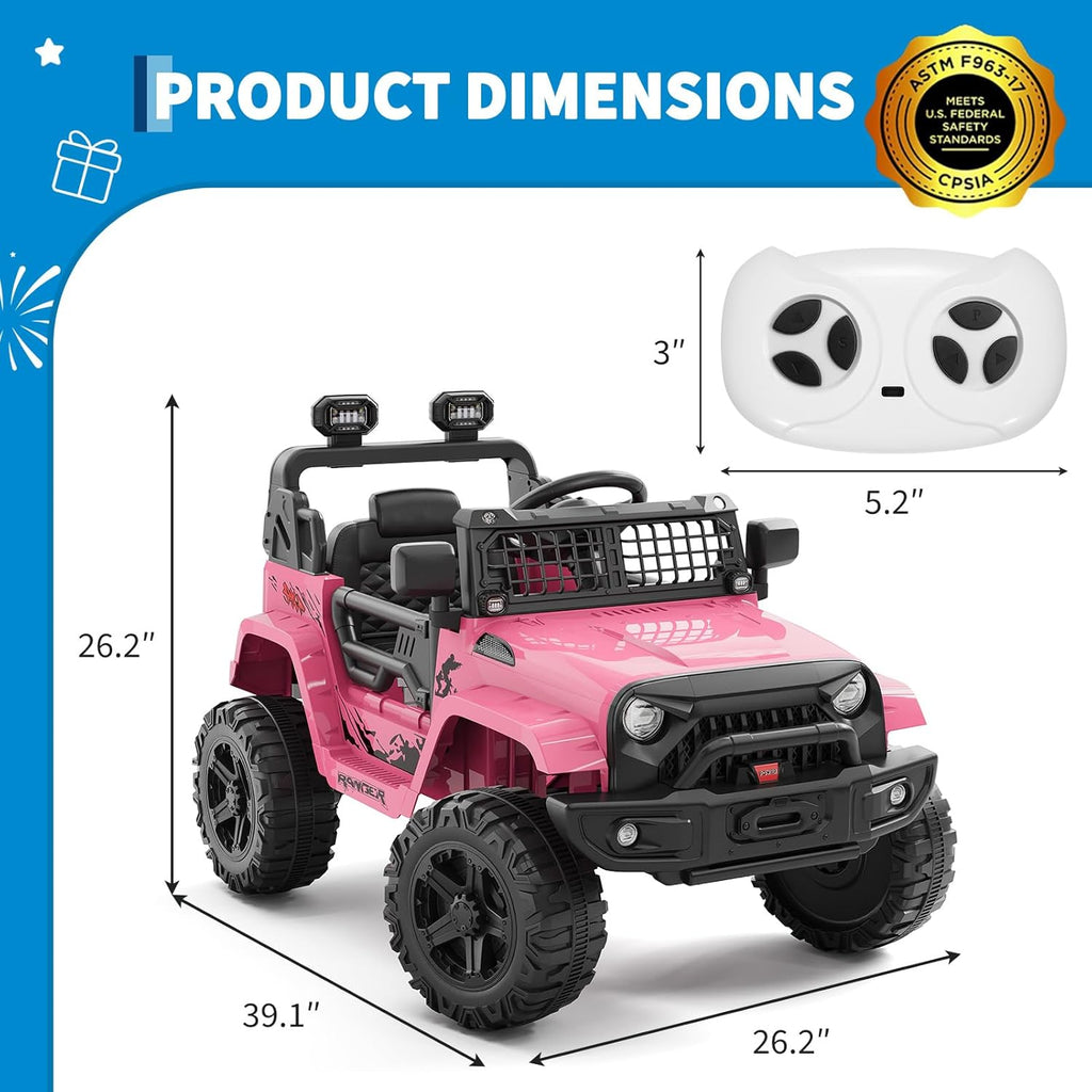 12V Electric Ride On Car with Remote Control, Off Road Ride On Vehicle with Bluetooth, LED Lights, Spring Suspension, Adjustable Seat Belt, All Terrain Tires, 61 lbs Capacity
