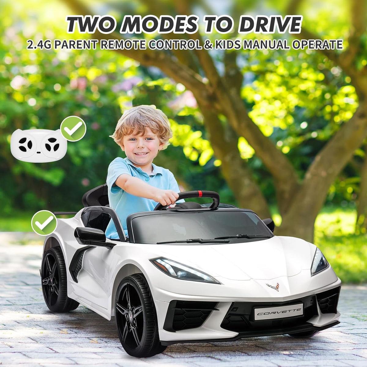 12V Licensed Corvette C8 Ride-On Electric Sports Car, Dual 30W Motors, Remote Control, LED Lights, Music, Openable Doors, 66 lbs