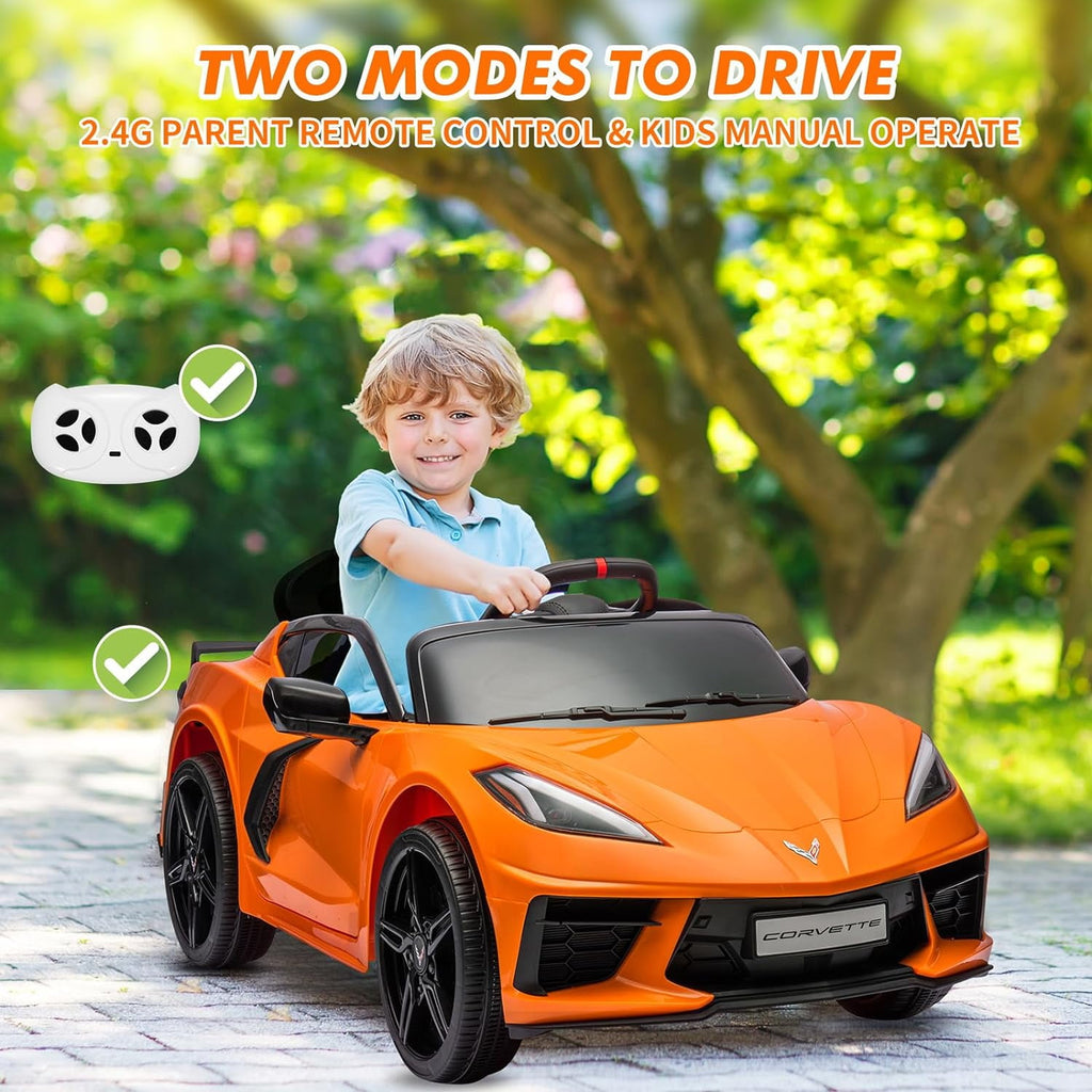 12V Licensed Corvette C8 Ride-On Electric Sports Car, Dual 30W Motors, Remote Control, LED Lights, Music, Openable Doors, 66 lbs