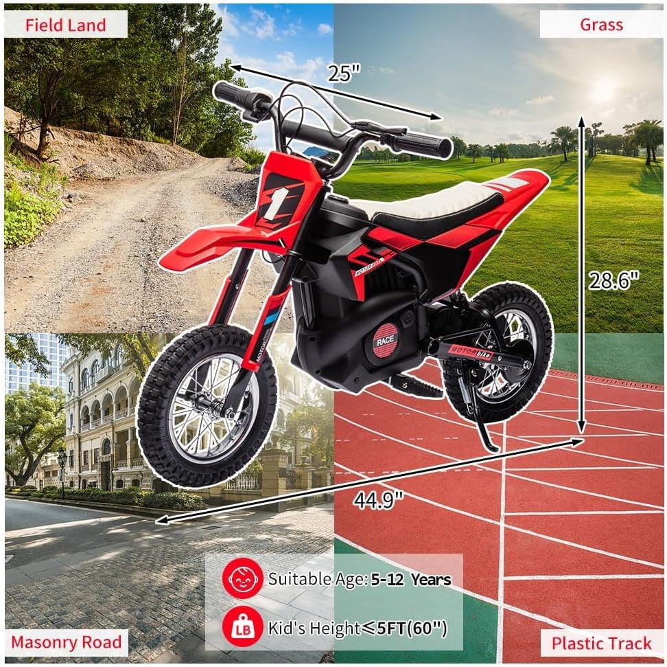 24V Electric Dirt Bike, 250W Brushed Motor, 13.6 MPH Max Speed, Chain Drive System, Disc Brake, Metal Spring Suspension, 12.6 Inch Pneumatic Tires, Leather Seat, 138 LBS Max Load,Blue