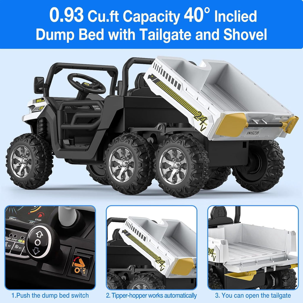24V 4WD Electric Ride-On Dump Truck for , 2-Seater UTV with Remote Control, Bluetooth Music, Seatbelts, LED Lights, Mobile Phone Connectivity, Double Seat 6 Wheel Truck for Ages 3-8,Green