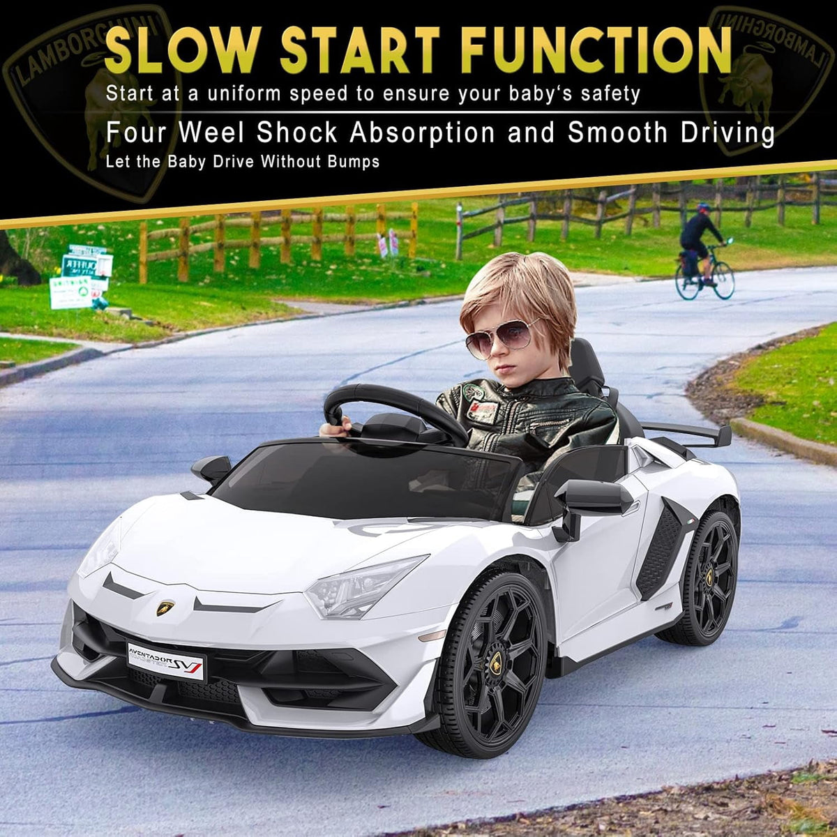 12V Licensed Sports Car Ride On Vehicle with Remote Control, Electric Ride On Car with Bluetooth, Hydraulic Swing Doors, LED Lights, Dual 25W Motors, USB/AUX/TF Audio