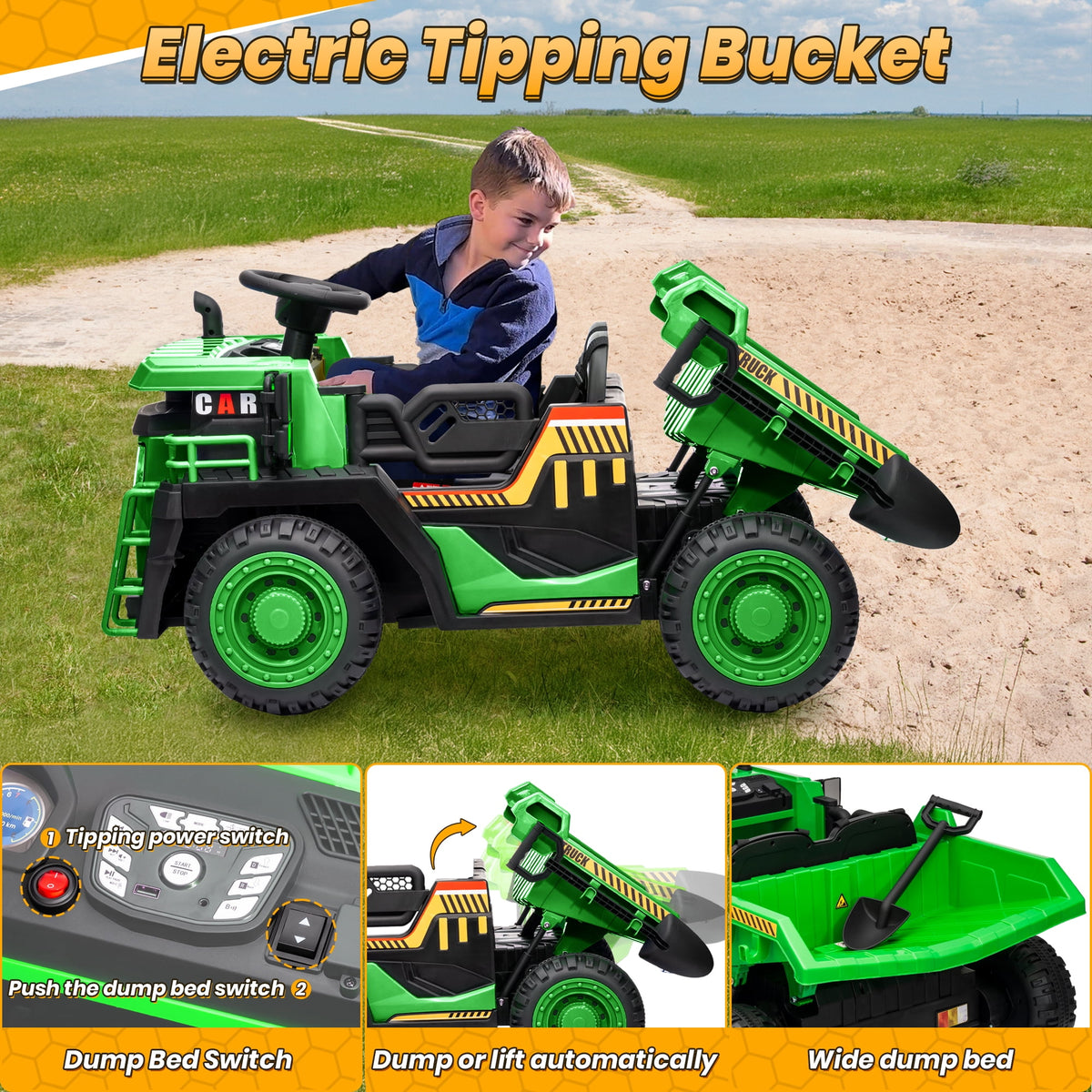 Funride 24V Ride on Toys 2 Seater Ride on Dump Truck w/ Remote Control w/ Dump Bed, 3 Speeds, Shovel, Bluetooth/Music, Big Kids, Yellow