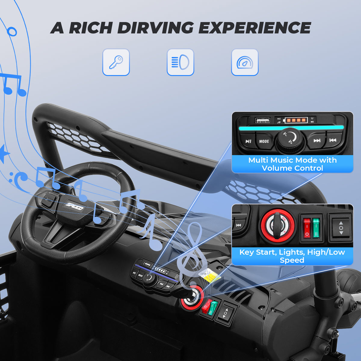 Farmdex 24V Ride on Car Truck, 2 Seater Electric UTV w/Remote Control, 21.5" Spacious Seat Ride on Toy for Kids Aged 3-10, Music, Storage, LED Light, Blue