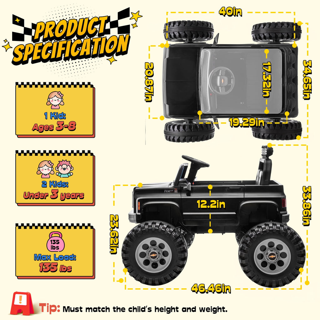 Sunnyfree Upgraded 4WD Chevrolet Cheyenne 24 Volt Ride on Toys, Electric Car for Kids, Power Truck Wheels with Remote, Bluetooth, USB, LED Lights, Black