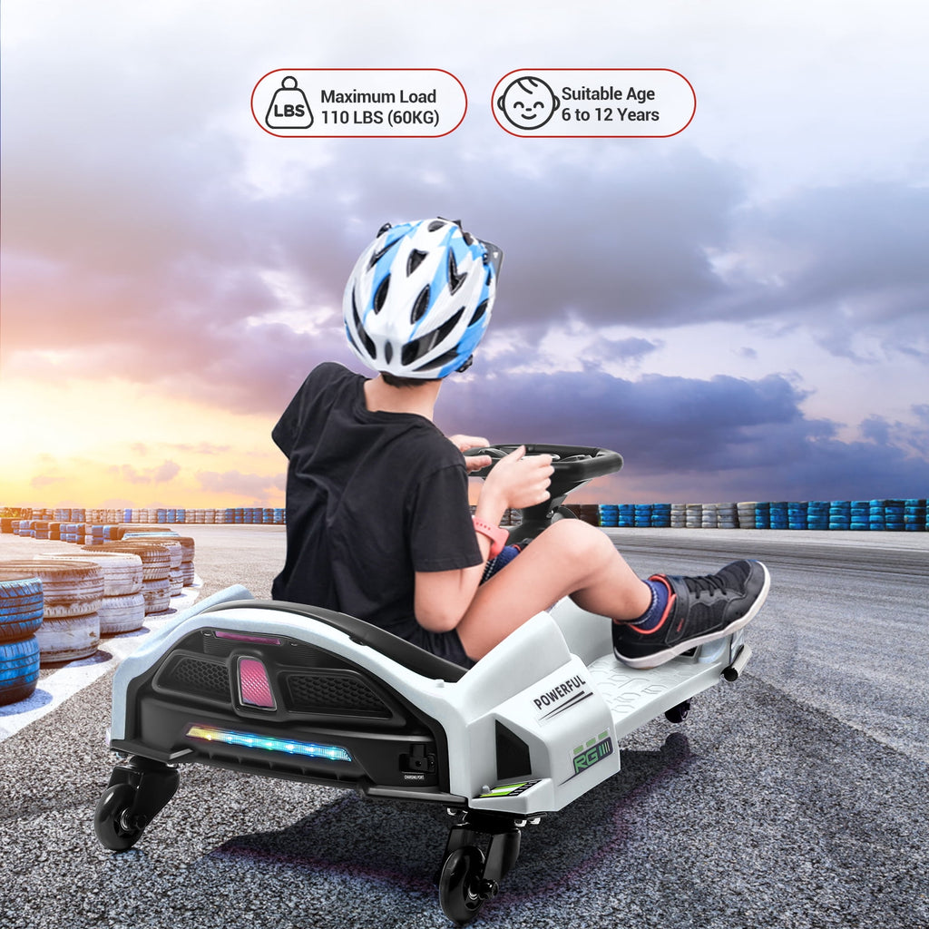 Ride On Drift Kart, Go Kart, Electric Go Kart 24V Drift Kart - 180W Brushless Motor, 7.5 mph Variable Speed, LED Light, Soft Start Battery Powered for Kids 8-12