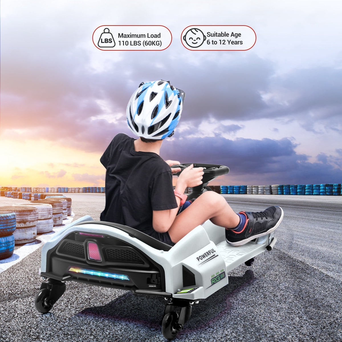 Ride On Drift Kart, Go Kart, Electric Go Kart 24V Drift Kart - 180W Brushless Motor, 7.5 mph Variable Speed, LED Light, Soft Start Battery Powered for Kids 8-12