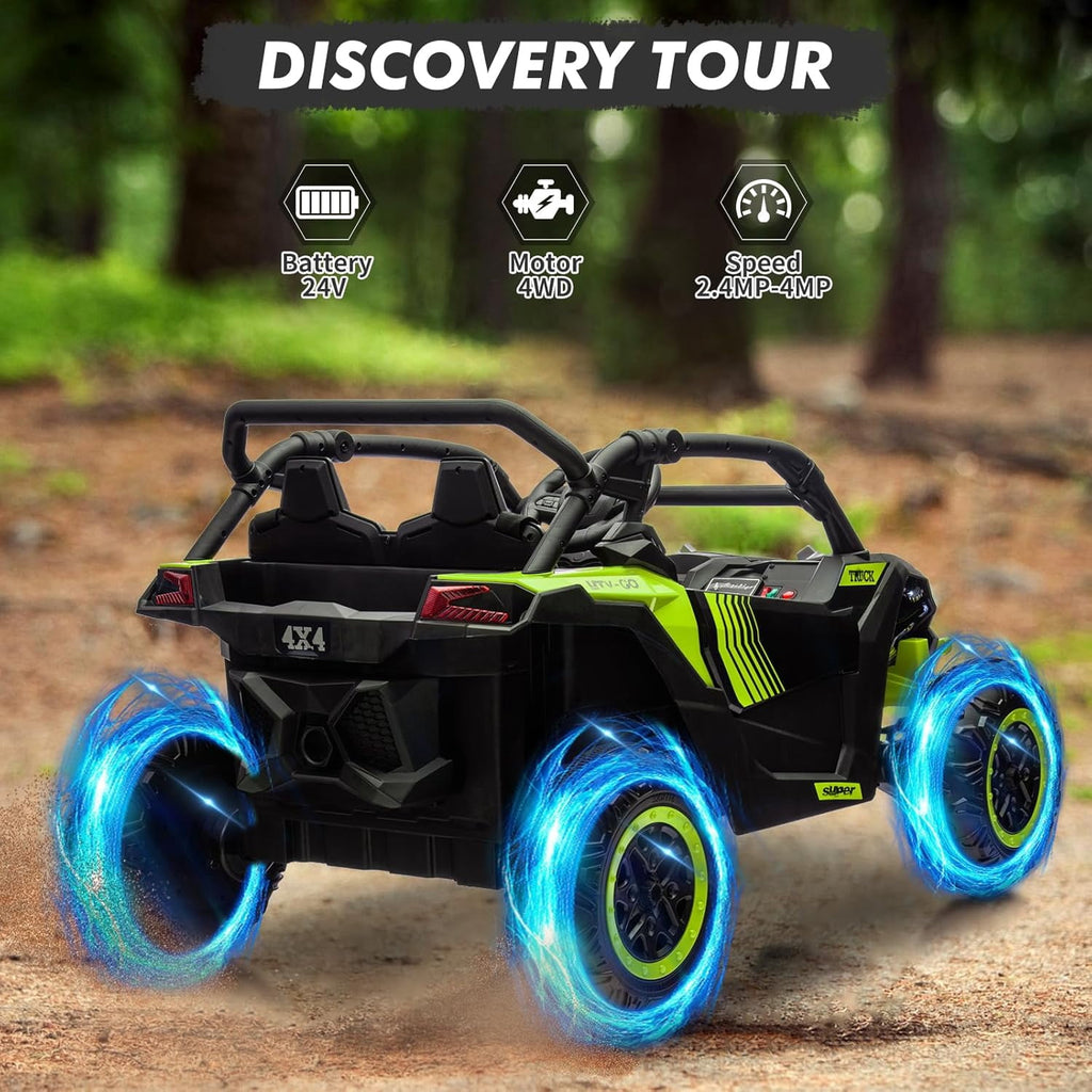 24V 2-Seater Ride On UTV for teens. Remote Control. 4x200W Motors. Bluetooth Music. LED Lights. 3 Speeds. . Safety Belt. All-Terrain Electric Vehicle,Rose Red