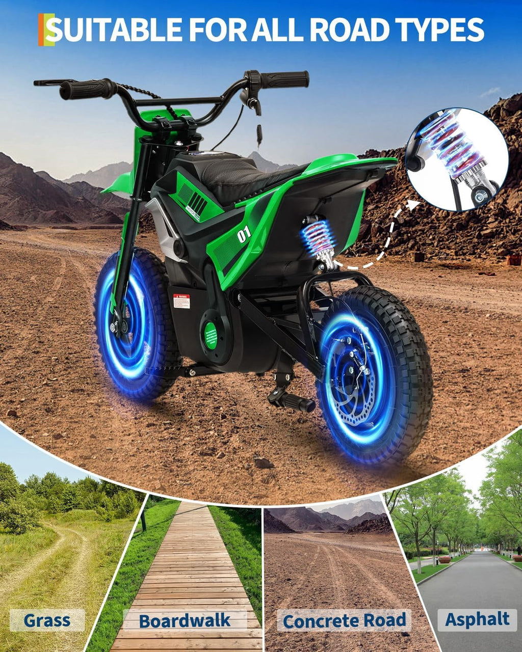 Fectiontool 24V Electric Ride-On Motorcycle, 350W Motor, 24V 7Ah Rechargeable Battery, Battery Powered Ride-On Bike, Energy-Efficient Charger Included,Green