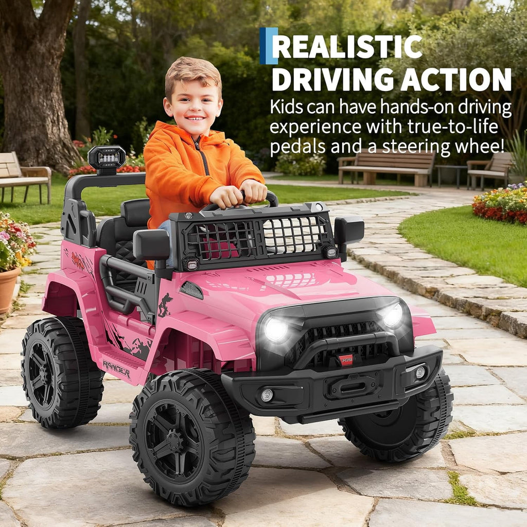 12V Electric Ride On Car with Remote Control, Off Road Ride On Vehicle with Bluetooth, LED Lights, Spring Suspension, Adjustable Seat Belt, All Terrain Tires, 61 lbs Capacity