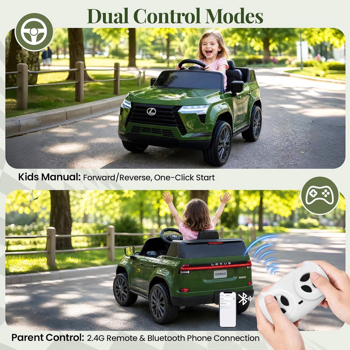 Officially Licensed Lexus GX550 12V Electric Ride-On Car with Parent Remote Control, Dual Motors, 4-Wheel Suspension, LED Lights, Music & Stories, Lockable Doors, Seat Belt, Ages 3-8,Green
