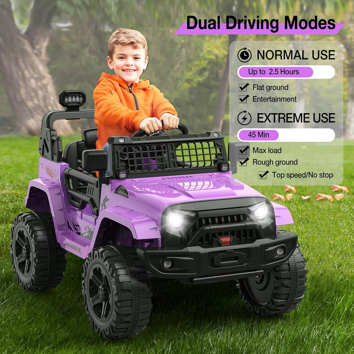 12V Electric Ride On Car with Remote Control, Off Road Ride On Vehicle with Bluetooth, LED Lights, Spring Suspension, Adjustable Seat Belt, All Terrain Tires, 61 lbs Capacity
