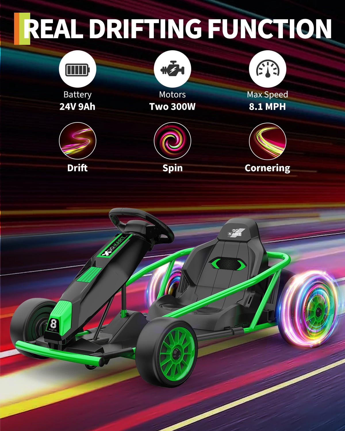 24V Electric Go Kart for Kids 8-12 - Dual 300W Motors, 9Ah Battery, 8MPH High-Speed Drifting, Slow Start, Full Metal Frame, Music, Horn, Power Display, Max Load 155Lbs, Ride-On Toy - Brown