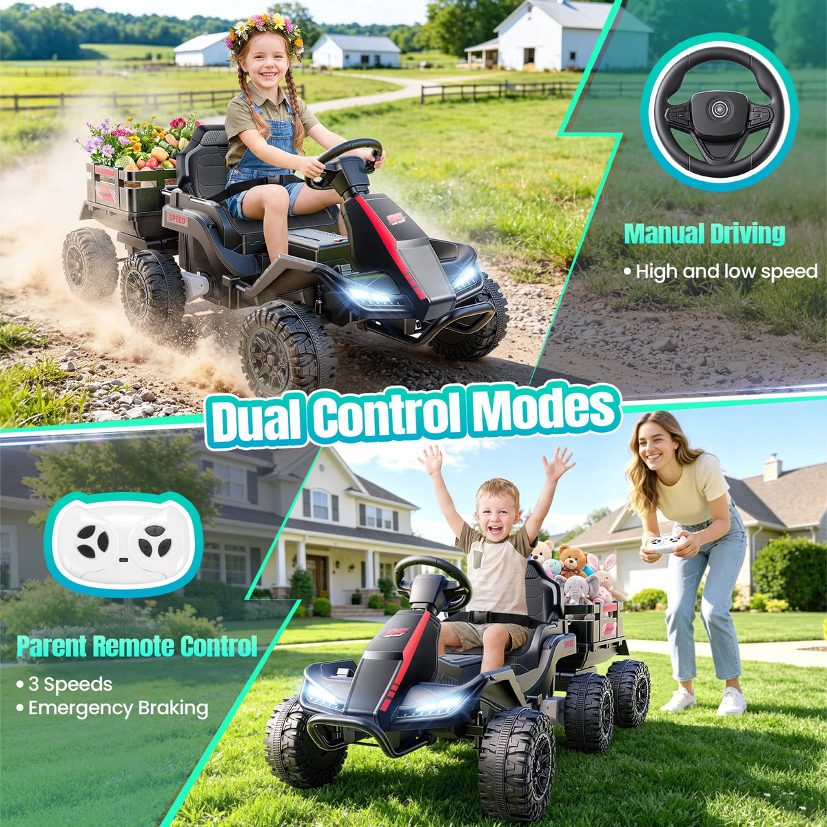 VIBESPARK 24V Ride on Toys with Remote Control, 3 in 1 Ride on Car, Ride on ATV for Kids with Trailer, 6 Wheel Kids Electric Car w/ Bluetooth, MP3, Music, Black
