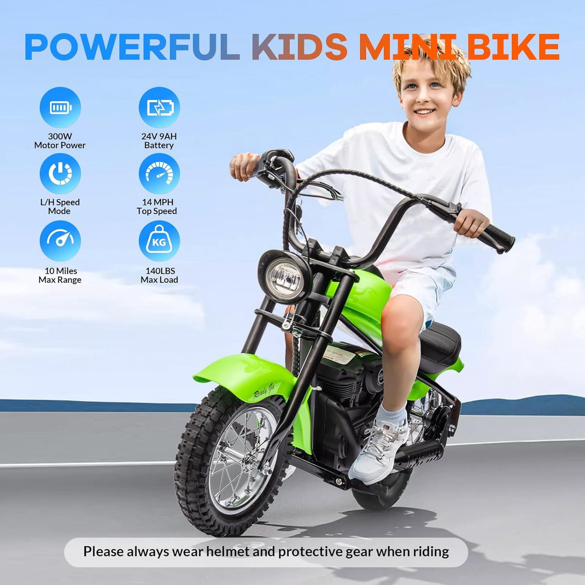 24V Electric Dirt Bike, 300W Chain-Driven Motor, Up to 15 MPH, 2-Speed, 10-Mile Range, 12" Air-Filled Rubber Tires, Leather Seat, Hand Brake, LED Lights, 150 Lbs