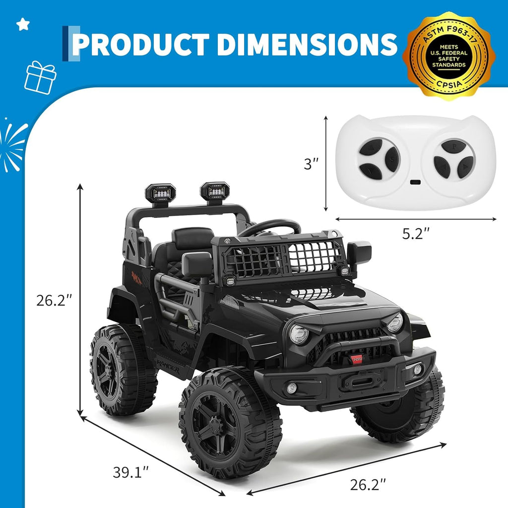 12V Electric Ride On Car with Remote Control, Off Road Ride On Vehicle with Bluetooth, LED Lights, Spring Suspension, Adjustable Seat Belt, All Terrain Tires, 61 lbs Capacity