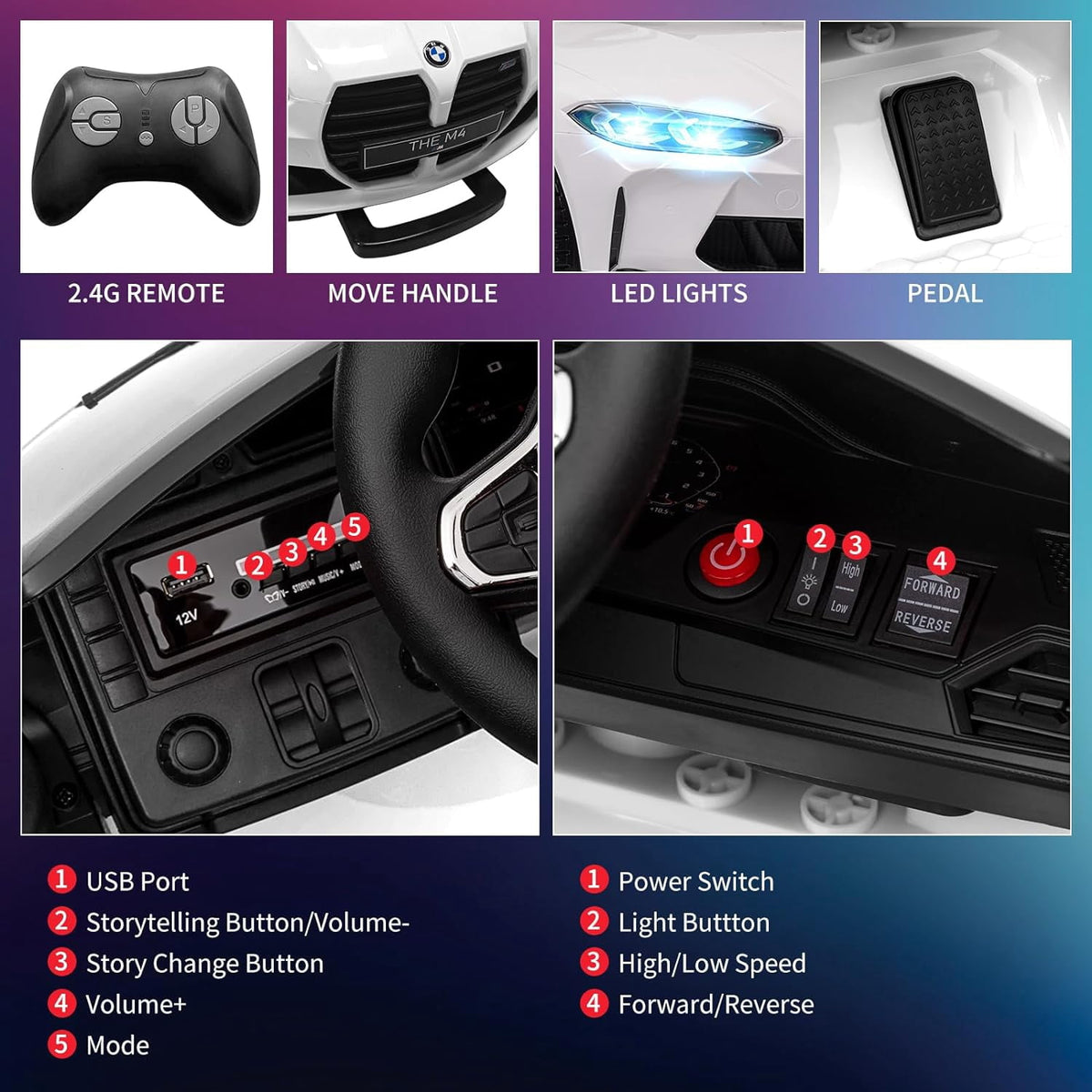 12V Licensed BMW M4 Ride-On Electric Car with Remote Control, 3 Speeds, LED Lights, Music, USB, Adjustable Seat Belt
